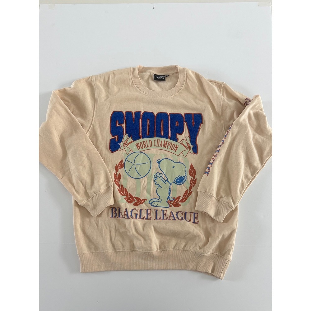Peanuts Snoopy World Champion Beagle League Sweatshirt Cream Chenille Mens L NWT